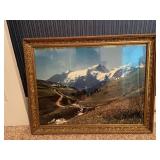 Framed Alpine Mountain Valley Landscape Print in Ornate Gold Frame