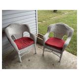Pair of Wicker Armchairs with Red Cushions and Concrete Planter