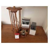 Assorted Clocks, Decorative Sculptures, and Wooden Hanging Terrarium