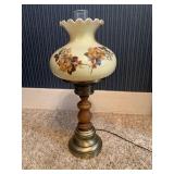Electrified Hurricane Lamp with Floral Glass Shade and Wooden Stem