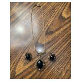 Gold-Tone Black Cabochon Pendant Necklace and Clip-On Earring Suite