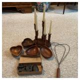 Mixed Home Decor Lot Including Wooden Candle Holder, 1970
