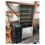 Industrial Metal Storage Shelving Unit, Five-Drawer Cabinet, and Accessories