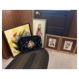 Assorted Framed Floral Prints, Paintings, and Painted Serving Tray