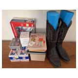 Assorted Collectibles, Books, and Western Boots Lot