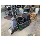 Household Assortment Including Hoover Deep Cleaner, Luggage, Glassware, and Storage Containers