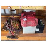 Automotive and Marine Battery Lot with Jumper Cables and Plastic Case