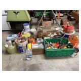Assorted Automotive Fluids, Paint Cans, Gas Can, and Shop Supplies