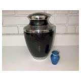 Black and Silver Metal Cremation Urn with Matching Keepsake Urn