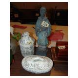 Vintage Ceramic Asian Statue & (2) Dresser Boxes