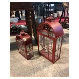 Set Of Country Red Metal & Glass Tea Light Lanters