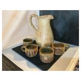 Signed Hand Thrown Studio Pottery Pitcher & Cups