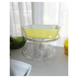 Yellow Pyrex Ref. Dish & (2) Glass Cake Stands