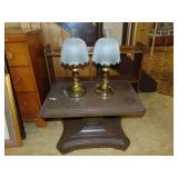Retro Side Table & (2) Brass Type Dresser Lamps