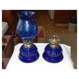Pair Of Cobalt Blue Glass Oil Lamps