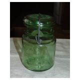 Antique Green Glass Canning Jar W/Glass Lid