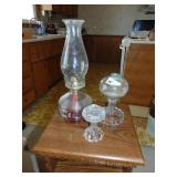 Glass Oil Lamp & (2) Antique Lamp Bases