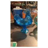 Blue Art Glass Type Rooster On Log Candy Dish