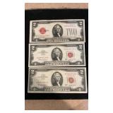 (3) Red Seal $2 Dollar Bills