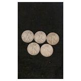 (5) Silver Walking Liberty Half Dollars