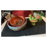 Vintage Mexican Red Clay Pottery Bowls & Chcken