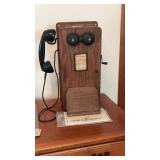 Antique Oak Wall Mount Hand Crank Telephone