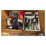 Flat Of Kitchen Utensils & Container Of Flatware