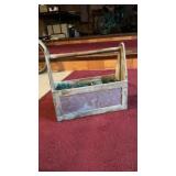 Barnwood Caddy Full Of Blue Jars & Zinc Lids