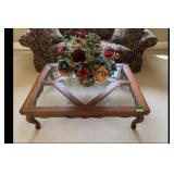 Brown Wood Glass Top Coffee Table Floral...