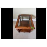 Brown Wood End Table Glass Top Shelf