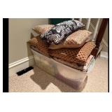 Mixed lot of throw pillows storage bin