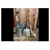 Mixed lot of Garden Tools and Trash Cans