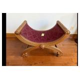 Ottoman Bench Carved Wood Red Damask