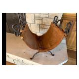 Brown Leather Metal Firewood Holder AsIs