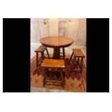 Brown Wood Dining Set Round Table 3 Stools