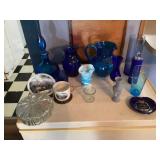 Blue Glass items, Clear Glass dish,