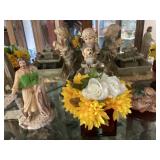 Flowers, Man Statue, Boy puppy fountain