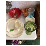 Bowls, green glass, plater and Garvey boat