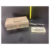 Vintage metal box, misc fishing weights and fish