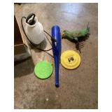 Plastic Bat, Frisbee, Metal Bird, Sprayer