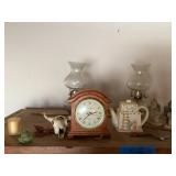 Oil Lamps, Marble Book Ends, Clock, Tea Pot, Etc