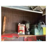 Lanterns, fuel, Stanley lunch box and thermos,