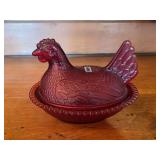 Ruby Glass Hen on Nest Dish