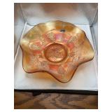 Dugan Grape Leaf Marigold Carnival Glass Footed Bowl With Ruffeled Edges