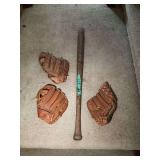 Vintage Ball Bat Wood and (3) Gloves