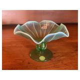 Dugan Green Glass Footed Candy Dish with Ruffled Edge