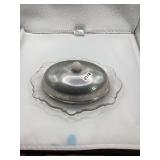 Pressed Glass Butter Dish With Silver-plate or Aluminum lid