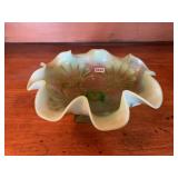 Jefferson Glass Green Glass Pedestal Bowl with Ruffled Edge