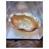 Vintage Marigold Carnival Glass Oval Ruffle-Edge Pear & Apple Large Fruit Bowl, Dugan