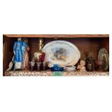 Ceramic Figurine, Painted Decanter with Glasses, and Decorative Plates Assortment